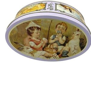 Vintage Easter Oval Metal Tin Victorian Style Children, Bunnies & Easter Eggs